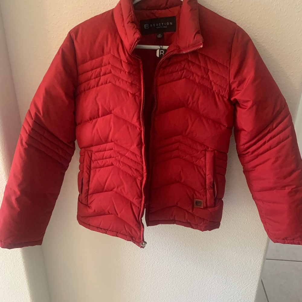 Red short, puffer, insulated jacket